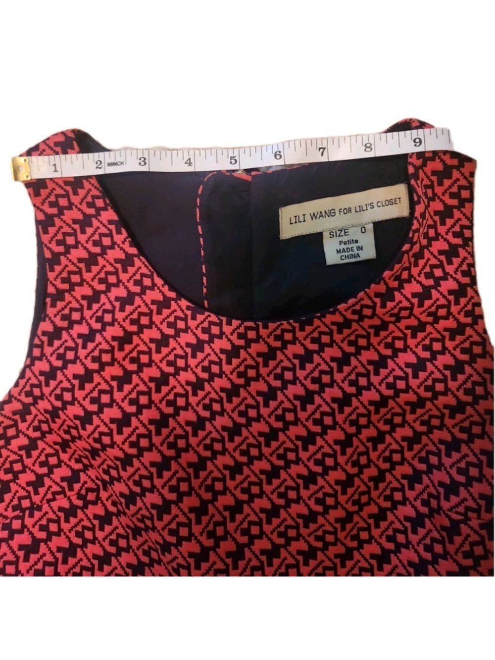 Lili Wang for Lili's Closet Red Navy Designer Geometric Aline Petite Dress Sz 0 - Picture 6 of 9